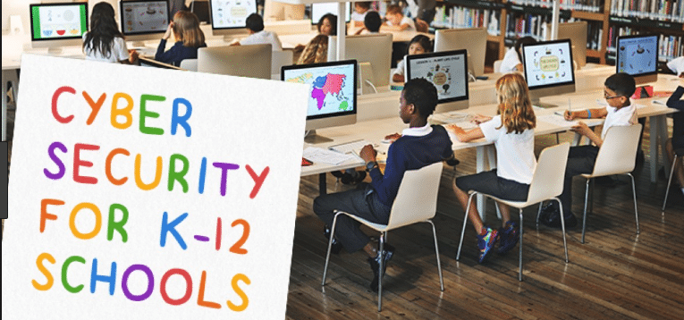 picture of school classroom with the words K-12 cybersecurity
